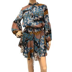 OLIVACEOUS Ruffled Multicolor Hi-Low Mini Dress Balloon Sleeves Lined Sz S